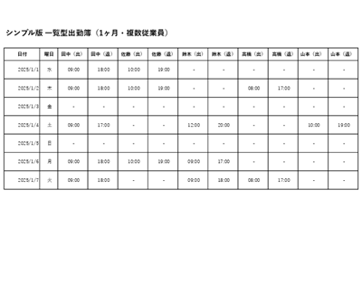 一覧型出勤簿テンプレート（1か月・複数従業員を1枚で管理・Excel／PDF／スプレッドシート）