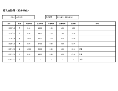 週次出勤簿テンプレート（30分単位・入力しやすいレイアウト・Excel／PDF／スプレッドシート）