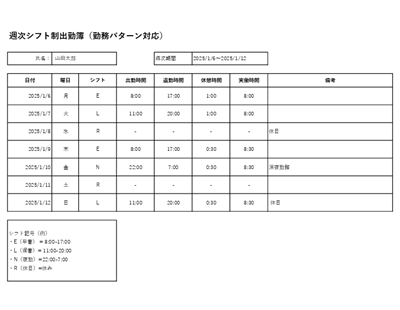 週次シフト制出勤簿テンプレート（勤務パターン対応・Excel／PDF／スプレッドシート）