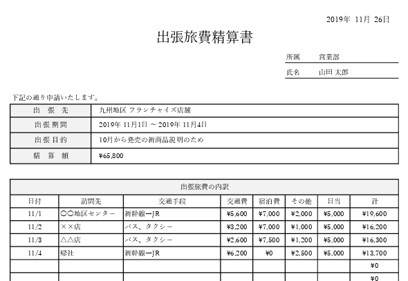 出張旅費精算書 記入例(出張先・期間・領収書・仮払金の差額入力サンプル)