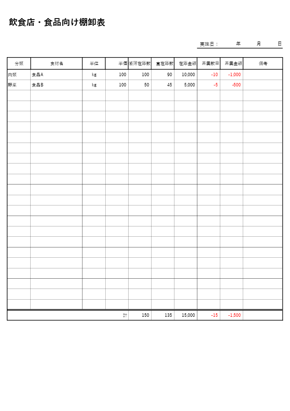飲食店 食品用 棚卸表テンプレート Excel 無料 自動計算つき