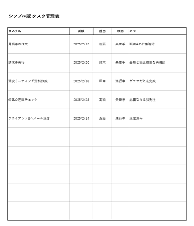 超シンプルExcelタスク管理テンプレート(行数少なめ・色なし)