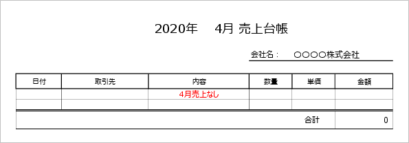 売上台帳の記入例（売上0円・対象月と事業者名を明記した提出用フォーマット）