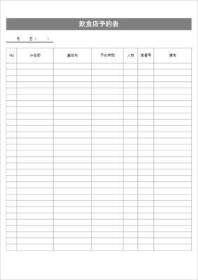 飲食店向け 予約表テンプレート(Excel・PDF)電話・連絡先欄あり|無料